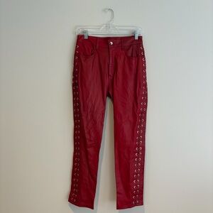 Red 100% Leather Pants with Eyelet Lace-Up Side Detailing